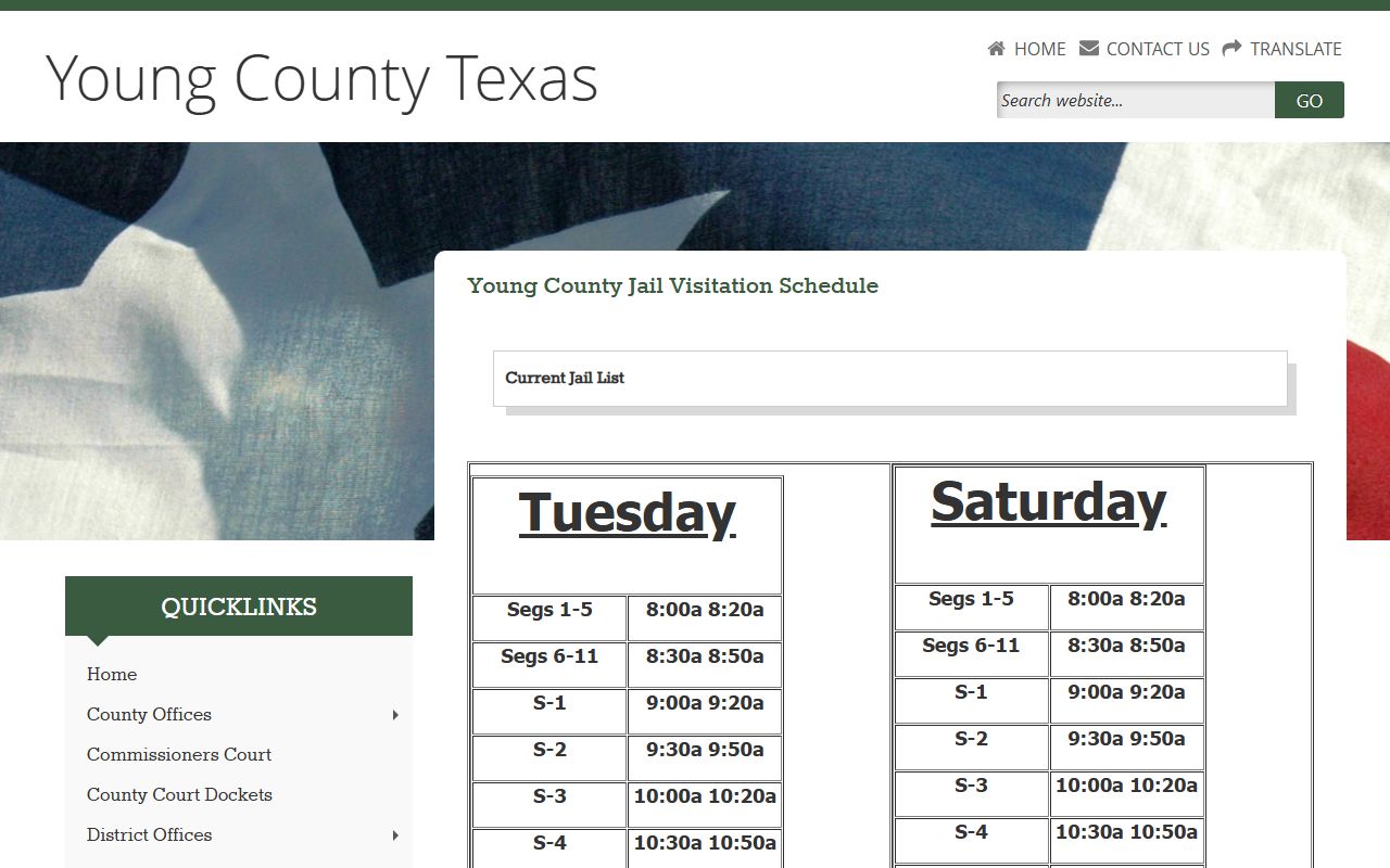 Young County Jail page with inmate roster and visitation schedule
